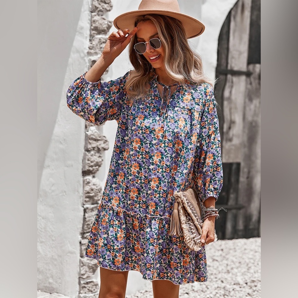 Kirundo purple green coral red Floral Ruffle collar Sheath v-neck tie Dress L